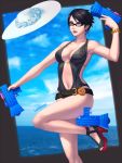  1girl bayonetta bayonetta_(character) bayonetta_2 beach bellhenge belt bikini black_hair breasts cleavage eyeshadow glasses hat hat_removed headwear_removed highres lipstick makeup mole mole_under_mouth ocean short_hair solo sun_hat swimsuit water water_gun 