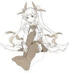  1girl blush feet full_body granblue_fantasy io_euclase long_hair looking_at_viewer monochrome simple_background sitting smile solo thigh-highs twintails white_background zaxwu 