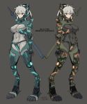  bangs blonde_hair bodysuit breasts commentary_request dated expressionless glowing green_eyes grey_background hair_between_eyes hairband ikeshita_moyuko large_breasts mecha_musume mechanical_arm mechanical_legs multiple_views original ponytail red_eyes siblings simple_background sketch sword translation_request twins weapon 