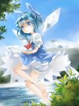  1girl ascot barefoot bloomers blue_dress blue_eyes blue_hair blue_sky cirno dress error full_body hair_ribbon highres ice ice_wings looking_at_viewer open_mouth puffy_sleeves ribbon short_hair short_sleeves sky solo sparkle touhou underwear upskirt water wings wrong_feet zhu_xiang 