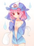  1girl blush breasts cleavage cowboy_shot expressionless ghost hat hitodama hood hoodie kasuura_(cacula) long_sleeves looking_at_viewer midriff mob_cap naked_hoodie navel parka pink_eyes pink_hair saigyouji_yuyuko short_hair solo touhou triangular_headpiece unzipped white_background 