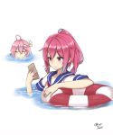  2girls ahoge cellphone floating hair_ribbon highres i-168_(kantai_collection) i-58_(kantai_collection) innertube jitome kantai_collection long_hair looking_at_another multiple_girls one-piece_swimsuit partially_immersed partially_submerged phone pink_hair ponytail redhead ribbon ripples school_swimsuit school_uniform serafuku serious signature smartphone swimsuit swimsuit_under_clothes taka_(vert_320) water 