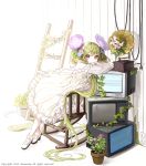  1girl chair dress flower green_eyes green_hair hair_flower hair_ornament hatsune_miku honnou_(kjs9504) ladder long_hair looking_at_viewer phonograph plant potted_plant rocking_chair solo television twintails very_long_hair vines vocaloid white_dress 