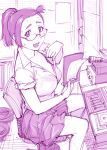  1girl blush bra clipboard commentary_request fanning_self glasses hot looking_at_viewer microphone monochrome open_clothes open_mouth open_shirt original ponytail shirt short_hair sitting sketch skirt sleeves_rolled_up smile solo sweat ueyama_michirou underwear 
