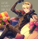  1boy armor blonde_hair book capelet dated fire_emblem fire_emblem_if flower gift gloves happy_birthday leaf leon_(fire_emblem_if) male_focus open_mouth oruta_(granmog) red_eyes rose sitting solo zero_(fire_emblem_if) 