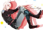  1boy boots character_name circle cursive epaulettes hand_behind_head hand_on_own_knee idolish_7 kujou_tenn looking_at_viewer male_focus necktie pink_eyes pink_hair red_necktie solo 