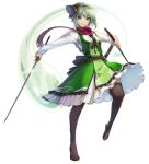  1girl adapted_costume bangs black_legwear black_ribbon black_shoes breasts buttons center_frills closed_mouth dress fringe full_body green_dress green_eyes green_hair hair_ribbon hairband hitodama holding holding_sword holding_weapon katana konpaku_youmu konpaku_youmu_(ghost) lens_flare light_smile long_sleeves looking_at_viewer medium_breasts outstretched_arms pinafore_dress ribbon ribbon-trimmed_dress scarf sheath shirt shoes short_hair silver_hair simple_background solo standing standing_on_one_leg sukocchi sword thigh-highs touhou unsheathed weapon white_background white_shirt 