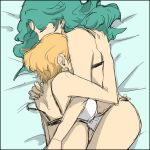  2girls aqua_hair bishoujo_senshi_sailor_moon blonde_hair closed_eyes couple earrings from_side hiki-wota hug jewelry kaiou_michiru lying multiple_girls on_bed short_hair sketch ten&#039;ou_haruka underwear underwear_only very_short_hair yuri 