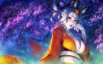  1girl animal_ears breasts cherry_blossoms duplicate finger_to_mouth fox_ears highres japanese_clothes kimono kongiku large_breasts leaf leaf_on_head lipstick looking_at_viewer makeup oboro_muramasa purple_lipstick red_eyes silver_hair simosi tied_hair 