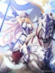  1girl aora arm_up armor armored_dress armpits artist_name blonde_hair blue_eyes breasts chain fate/grand_order fate_(series) flag gauntlets greaves headpiece horseback_riding large_breasts long_hair looking_at_viewer open_mouth polearm riding ruler_(fate/grand_order) solo spear weapon white_feathers yellow_eyes 