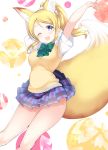  1girl animal_ears arms_up ayase_eli bangs bare_arms blonde_hair blue_eyes blue_skirt bow bowtie breasts eyebrows eyebrows_visible_through_hair fox_ears fox_tail gorua_(youce01) hair_between_eyes hair_ornament hair_scrunchie head_tilt kemonomimi_mode long_hair looking_at_viewer love_live! love_live!_school_idol_project medium_breasts miniskirt one_eye_closed plaid plaid_skirt pleated_skirt ponytail scrunchie shirt short_sleeves skirt skirt_lift smile solo striped striped_bow striped_bowtie sweater_vest tail white_background white_shirt 