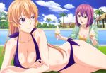  2girls absurdres arato_hisako beach_umbrella bikini blonde_hair breasts brown_eyes chair cleavage clouds female food gazebo highres hood hoodie ice_cream ice_cream_cone lounge_chair lying multiple_girls nakiri_erina nyantype official_art on_side palm_tree pink_hair pool poolside purple_bikini shokugeki_no_souma sky smile swimsuit tree umbrella violet_eyes water 