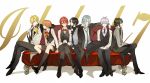  6+boys ahoge black_gloves black_hair blonde_hair blue_eyes blue_hair blue_necktie bolo_tie bow bowtie copyright_name couch cross-laced_footwear crossed_legs dress_shirt flower formal glasses gloves green_hair half_gloves hands_together highres idolish_7 izumi_iori izumi_mitsuki jacket kneehighs long_hair looking_at_viewer male_focus multiple_boys nanase_riku necktie nikaido_yamato open_clothes open_jacket orange_eyes orange_hair osaka_sougo red_eyes red_rose redhead rokuya_nagi rose shirt sitting smile suit violet_eyes white_hair yotsuba_tamaki 