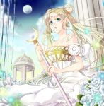  1girl bare_shoulders bishoujo_senshi_sailor_moon blonde_hair blue_eyes collarbone crescent double_bun dress earrings facial_mark flower forehead_mark full_moon jewelry long_hair maboroshi_no_ginzuishou masaki_mitsuki moon moon_stick princess_serenity rose solo strapless strapless_dress tsukino_usagi twintails white_dress white_rose 