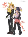  1boy 1girl animal_ears black_hair blonde_hair boku_no_hero_academia boots cropped_jacket earlobes electabuzz holding jacket jirou_kyouka kaminari_denki mikanmochi multicolored_hair pokemon pokemon_(creature) streaked_hair twitter_username whismur 