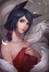  1girl ahri animal_ears bangs bare_shoulders black_hair closed_mouth collarbone fox_ears fox_tail head_tilt highres leaf league_of_legends miao_lin multiple_tails realistic solo swept_bangs tail tree_branch upper_body violet_eyes whisker_markings 