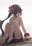  1girl adapted_costume akebono_(kantai_collection) bare_arms bare_shoulders bell commentary_request fami_(yellow_skies) flower hair_bell hair_flower hair_ornament highres kantai_collection long_hair looking_to_the_side nail_polish open_mouth purple_hair sandals side_ponytail sitting solo swimsuit 