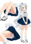  1girl 2016 ama_mitsuki amatsukaze_(kantai_collection) ass bangs bare_legs black_bow black_bowtie blue_skirt blush bobby_socks bow bowtie breasts brown_eyes center_frills collared_shirt dated full_body grey_hat hair_ornament hair_tubes hairband hairclip hat kantai_collection kneepits long_hair looking_at_viewer lower_body mini_hat miniskirt multiple_views out_of_frame own_hands_together panties pantyshot pantyshot_(sitting) puffy_short_sleeves puffy_sleeves shirt shoelaces shoes short_sleeves silver_hair simple_background sitting skirt small_breasts socks standing striped swept_bangs thighs twintails underwear upskirt v_arms vertical-striped_skirt vertical_stripes very_long_hair white_background white_legwear white_panties white_shirt white_shoes wing_collar yokozuwari 