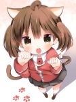  1girl ahoge animal_ears black_skirt brown_eyes brown_hair chestnut_mouth commentary_request japanese_clothes kantai_collection kariginu kemonomimi_mode long_sleeves magatama mugichoko_(mugi_no_choko) no_hat no_headwear open_mouth paw_pose paw_print pleated_skirt ryuujou_(kantai_collection) shadow short_hair simple_background skirt solo tail twintails valentine 