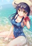  1girl ahoge bangs bare_arms bare_legs bare_shoulders barefoot blue_bow blue_hair blush bow breasts cleavage collarbone emilion eyebrows eyebrows_visible_through_hair gradient_hair hand_up hat kantai_collection large_breasts long_hair looking_at_viewer multicolored_hair one-piece_swimsuit open_mouth polka_dot polka_dot_swimsuit scrunchie sitting smile solo straw_hat swimsuit ushio_(kantai_collection) wariza water wet wrist_scrunchie yellow_eyes 