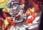  &gt;:( 1girl ascot bat_wings berabou blue_hair brooch chain fangs foreshortening hat hat_ribbon jewelry looking_at_viewer mob_cap puffy_short_sleeves puffy_sleeves reaching_out red_eyes red_ribbon remilia_scarlet ribbon short_hair short_sleeves slit_pupils solo touhou wings 