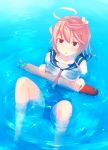  1girl :o ahoge bare_legs barefoot blush hair_ornament i-58_(kantai_collection) kantai_collection looking_at_viewer neckerchief partially_submerged pink_hair red_eyes school_swimsuit school_uniform serafuku short_hair solo swimsuit swimsuit_under_clothes torpedo twilightrain wet wet_clothes 