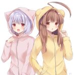  2girls :d :o ahoge animal_hood bear_hood blue_hair blush brown_hair cat_hood fang hand_in_pocket highres hood hoodie huge_ahoge kantai_collection kuma_(kantai_collection) long_hair masakazu_(coccinellee) md5_mismatch multiple_girls open_mouth pink_eyes red_eyes short_hair simple_background smile tama_(kantai_collection) white_background zipper 