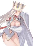  1girl bare_shoulders blush breasts crown dress dress_of_heaven fate/grand_order fate_(series) highres irisviel_von_einzbern kujuu large_breasts light_smile long_hair red_eyes simple_background sleeves_past_wrists solo under_boob white_background white_hair wide_sleeves 