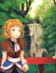  1girl :o arm_warmers blonde_hair blush dappled_sunlight forest green_eyes looking_back mizuhashi_parsee nature pointy_ears sash scarf short_hair short_twintails solo_focus sunlight touhou twilightrain twintails upper_body water waterfall white_scarf 