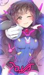  1girl ;) bangs big_hair bodysuit breasts brown_eyes brown_hair character_name charm_(object) cowboy_shot d.va_(overwatch) facial_mark finger_gun gloves headphones light_smile long_hair looking_at_viewer overwatch pilot_suit pointing pointing_at_viewer servati signature small_breasts smile solo swept_bangs whisker_markings white_gloves wink 