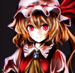 1girl ascot black_background blonde_hair commentary_request crystal flandre_scarlet hat hat_ribbon looking_at_viewer mob_cap red_eyes red_ribbon ribbon side_ponytail smile solo tosk_(swav-coco) touhou upper_body 