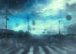  atsuki_lemon clouds cloudy_sky crosswalk no_humans power_lines rain road road_sign scenery sign sky traffic_light 