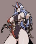  1girl bare_shoulders blue_hair blush breasts center_opening commentary_request covered_nipples cowboy_shot demon_girl elf funamushi_(funa) horns large_breasts long_hair looking_at_viewer looking_down mask pointy_ears ragnarok_online simple_background solo whip yellow_eyes zealotus 