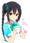  1girl black_hair blush braid brown_eyes commentary_request cup dated face hair_ribbon k-on! long_hair looking_at_viewer nakano_azusa open_mouth puffy_short_sleeves puffy_sleeves ragho_no_erika ribbon short_sleeves solo teacup twin_braids upper_body very_long_hair 
