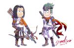  2boys absurdres arrow bow_(weapon) brown_hair commentary_request cosplay genji_(overwatch) genji_(overwatch)_(cosplay) green_hair hanzo_(overwatch) hanzo_(overwatch)_(cosplay) highres katana matsuno_ichimatsu matsuno_karamatsu multiple_boys osomatsu-kun osomatsu-san overwatch quiver signature sword weapon yooko 