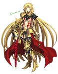  1girl absurdres aora armlet armor artist_name blonde_hair bracelet breasts chain ea_(fate/stay_night) fate/grand_order fate_(series) full_body gauntlets genderswap genderswap_(mtf) gilgamesh greaves highres jewelry long_hair looking_at_viewer medium_breasts navel parted_lips red_eyes sidelocks simple_background single_gauntlet single_pauldron smile solo tattoo thigh-highs under_boob very_long_hair waist_cape white_background 