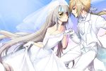  1boy 1girl artist_name bangs bare_shoulders blonde_hair blue_eyes blue_sky blush bow bowtie breasts bridal_gauntlets bridal_veil bride chung_seiker code:_battle_seraph_(elsword) collarbone collared_shirt couple dress dress_shirt elsword eve_(elsword) eye_contact eyelashes floating_hair forehead_jewel formal from_side gem gloves grey_hair hair_between_eyes hetero holding_hand jacket kuroshio_maki lace-trimmed_dress lace-trimmed_gloves leaning_forward lens_flare light_particles light_rays long_hair long_sleeves looking_at_another low_ponytail off-shoulder_dress off_shoulder pants parted_lips profile ribbon see-through shirt sidelocks skirt_hold sky small_breasts standing tactical_trooper_(elsword) tailcoat tiara tuxedo veil very_long_hair wedding wedding_dress white_bow white_bowtie white_dress white_gloves white_hair white_jacket white_pants white_ribbon white_shirt yellow_eyes 