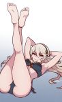 1girl akairiot armpits arms_behind_head ass barefoot black_bra black_panties bra breasts cleavage fang feet fire_emblem fire_emblem_if hairband highres legs_up long_hair looking_at_viewer lying medium_breasts my_unit_(fire_emblem_if) nintendo on_back panties pointy_ears red_eyes smile solo underwear 