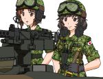  2girls akiyama_yukari belt browning_m2 camouflage crapgame girls_und_panzer gloves goggles goggles_on_helmet gun headset helmet japan_ground_self-defense_force japanese_flag jgsdf_(camo) katana machine_gun military military_uniform multiple_girls name_tag nishizumi_miho safety_glasses smile sweatdrop sword uniform weapon 