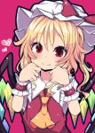  1girl ascot beni_shake blonde_hair blush fangs flandre_scarlet hat heart looking_at_viewer red_background red_eyes short_hair side_ponytail simple_background smile solo touhou wings wrist_cuffs 