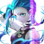  1girl alternate_breast_size arcane:_league_of_legends bangs bare_shoulders breasts brown_shirt closed_mouth collarbone crop_top detached_sleeves green_eyes green_hair grey_background hair_tie hand_in_hair hand_up highres jinx_(league_of_legends) league_of_legends long_hair medium_breasts natsume_hinako shiny shiny_hair shirt upper_body very_long_hair 