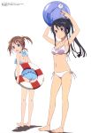  2girls :d absurdres ball beachball bikini black_hair blue_eyes brown_eyes brown_hair casual_one-piece_swimsuit frilled_bikini frilled_swimsuit frills full_body high_school_fleet highres legs lifebuoy long_hair looking_back megami misaki_akeno multi-strapped_bikini multiple_girls munetani_mashiro official_art okuda_yousuke one-piece_swimsuit open_mouth short_twintails side-tie_bikini smile standing swimsuit twintails white_background white_bikini 