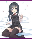  1girl asashio_(kantai_collection) belt black_hair black_legwear blue_eyes buttons dress heavens_thunder_(byakuya-part2) kantai_collection long_hair long_sleeves open_mouth pinafore_dress pleated_skirt remodel_(kantai_collection) shirt skirt solo thigh-highs white_shirt 