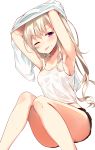  1girl ;p ahoge armpits arms_up breasts long_hair looking_at_viewer medium_breasts messy_hair one_eye_closed original sasahara_wakaba sideboob simple_background solo sweat tongue tongue_out violet_eyes white_hair 