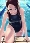  1girl 3: blue_eyes breasts brown_hair competition_swimsuit forehead highres lane_line long_hair looking_at_viewer one-piece_swimsuit original pool poolside reflection shiny shiny_clothes solo swimsuit toumin wet wet_clothes wet_swimsuit 