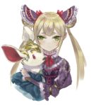  1girl animal bangs blonde_hair blush character_request copyright_request green_eyes hair_ornament holding holding_animal long_hair looking_at_viewer p-rus rabbit red_ribbon ribbon simple_background solo twintails upper_body white_background 