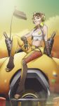  1girl alternate_costume artist_name breasts brown_eyes brown_gloves brown_hair clouds d.va_(overwatch) dirty_clothes dirty_face full_body gloves goggles goggles_on_head grease headphones highres junker_d.va_(overwatch) looking_at_viewer mecha medium_breasts meka_(overwatch) midriff navel outdoors overwatch pants shirt short_hair signature sitting sitting_on_object sleeveless sleeveless_shirt smokestack solo velladonna wallpaper white_shirt yellow_sky 