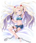  1girl absurdres barefoot blonde_hair blue_eyes blush chain dagger dakimakura explosive fingerless_gloves food fruit gloves grenade hair_ornament hairclip highres long_hair midriff naegling navel open_mouth phantom_of_the_kill piercing salondcafe0000 solo strawberry twintails weapon 