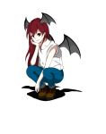  1girl alternate_costume bat_wings between_legs boots casual chin_rest collarbone commentary_request denim full_body head_wings highres jeans jnakamura1182 koakuma long_hair looking_at_viewer pants red_eyes redhead shadow shirt simple_background sleeveless smile solo squatting t-shirt touhou white_background wings 
