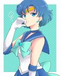  1girl aqua_background aqua_bow bishoujo_senshi_sailor_moon blue_eyes blue_hair bow choker circlet earrings gloves hiki-wota jewelry mercury_symbol mizuno_ami sailor_collar sailor_mercury short_hair sleeveless solo star starry_background stud_earrings white_gloves 